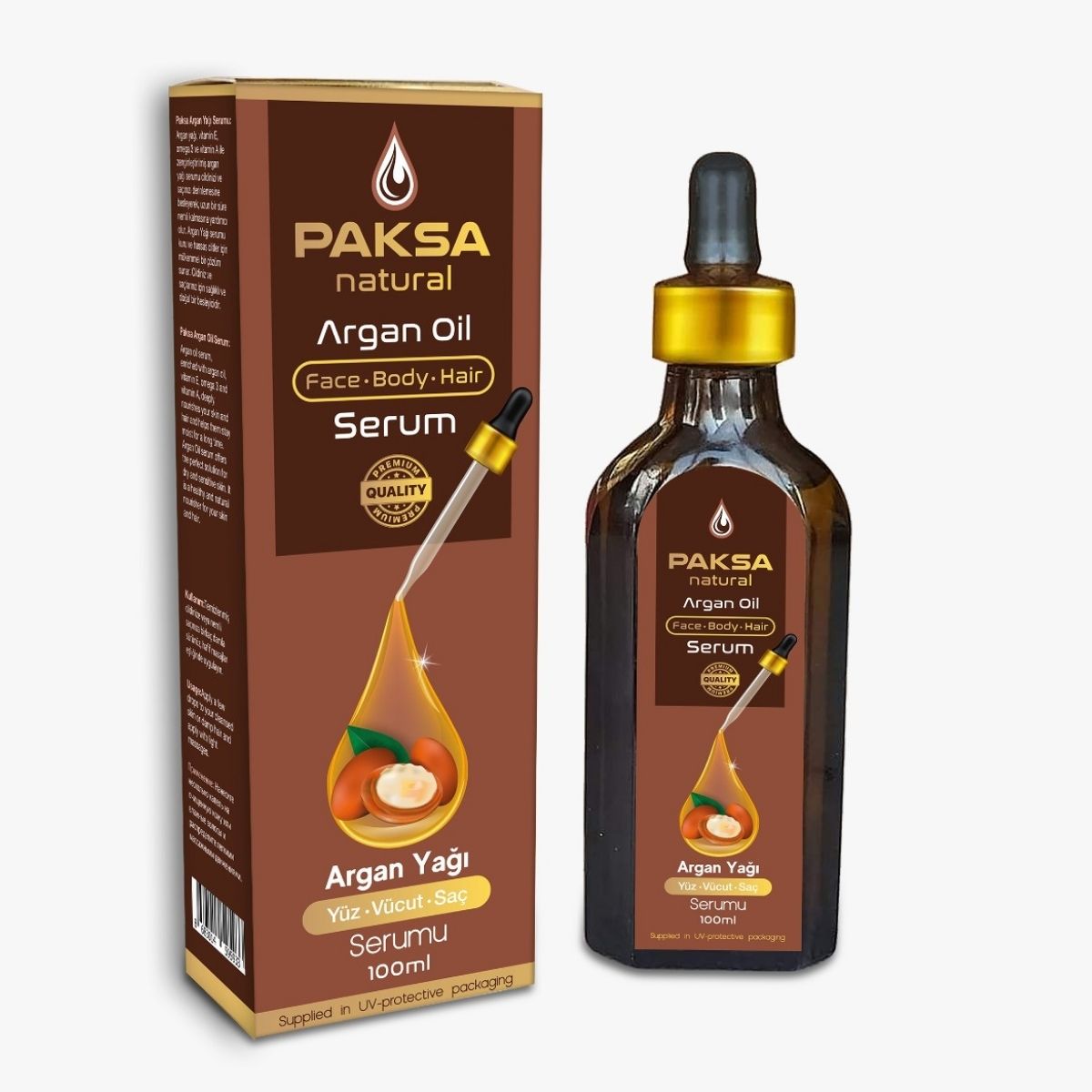 Glass bottle of Moroccan Argan Oil Serum 100 ml for radiant, glowing skin