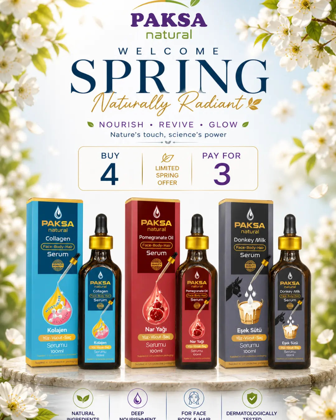 Paksa Natural serum collection with pomegranate oil, collagen, donkey milk and Moroccan argan oil for glowing skin and deep nourishment