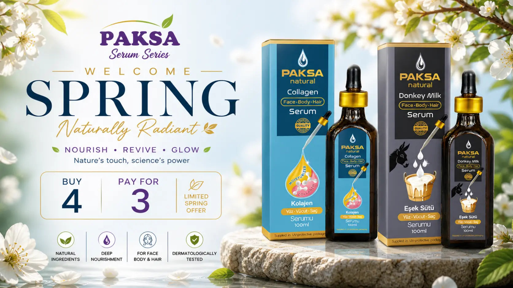 Paksa Natural serum collection with pomegranate oil, collagen, donkey milk and Moroccan argan oil for glowing skin and deep nourishment