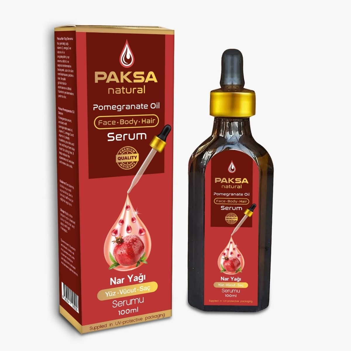 Pomegranate Seed Oil Serum in eco-friendly bottle for face, hands, and body hydration.