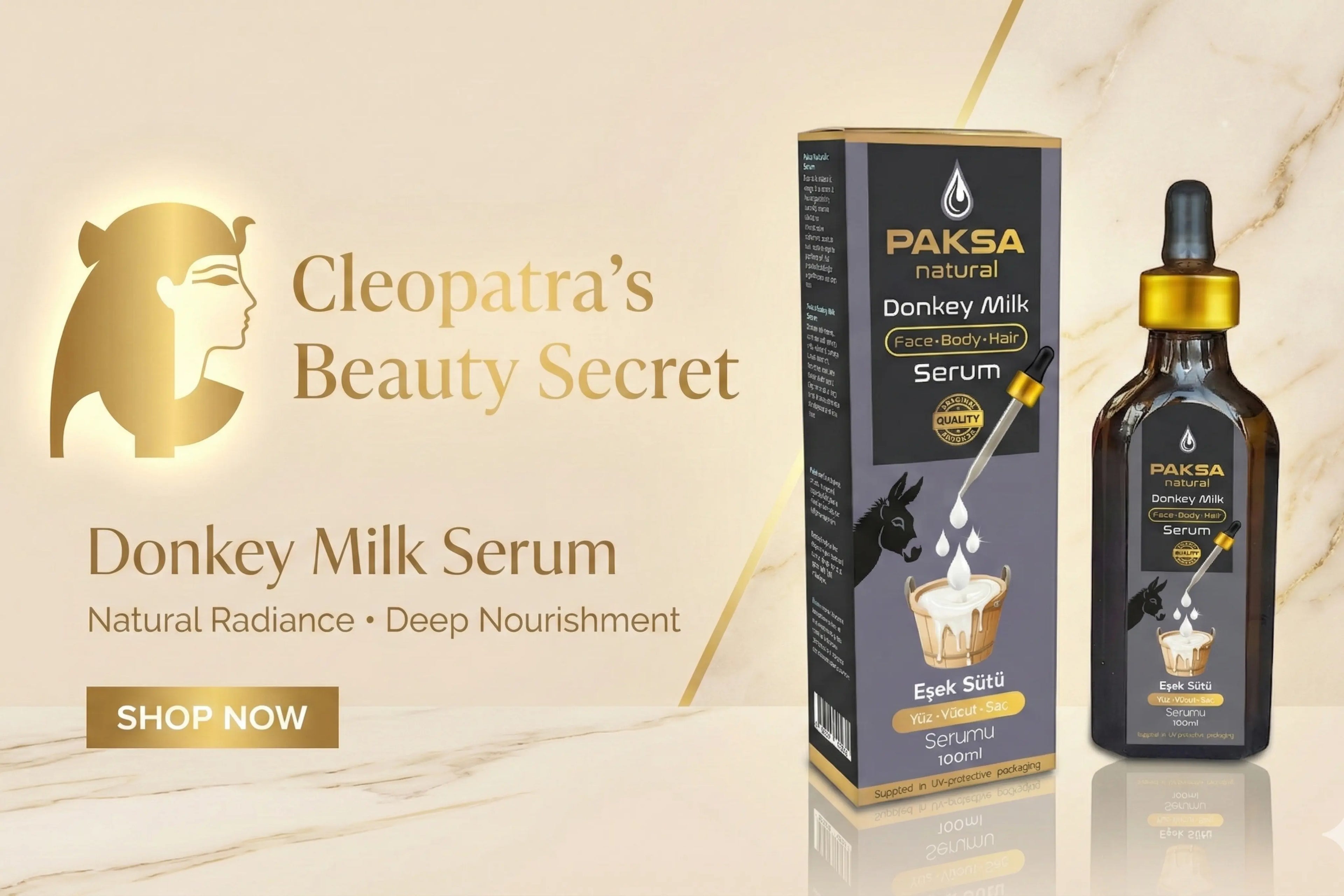 Cleopatra’s Beauty Secret Donkey Milk Serum — premium skincare banner with product box and bottle